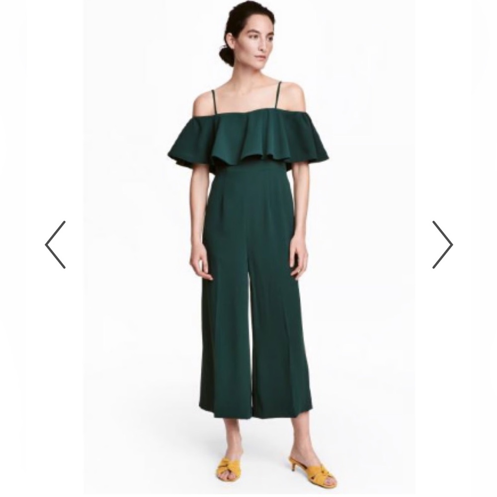 H&M Emerald Green Ruffle Off Shoulder Wide Leg Jumpsuit